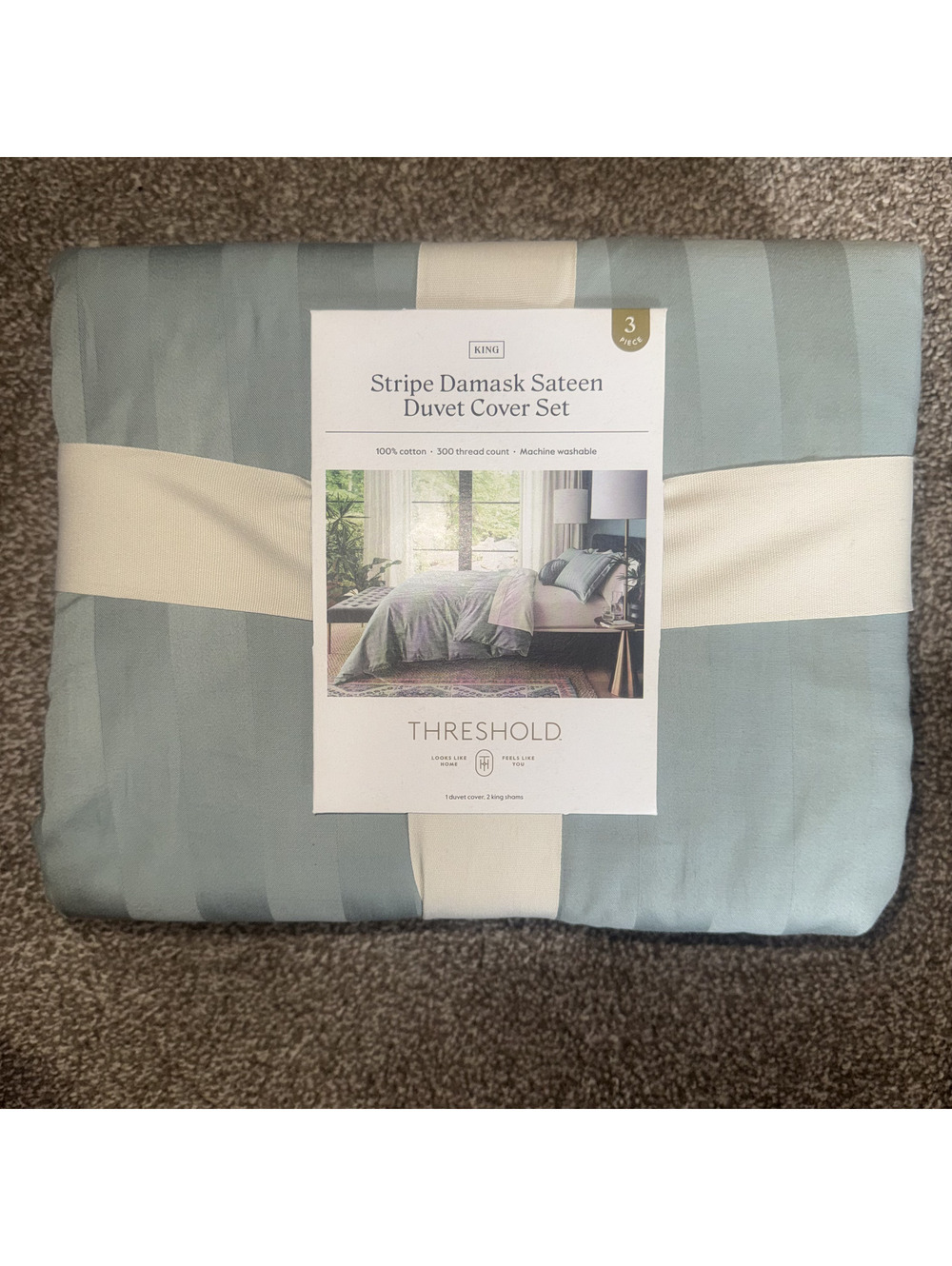 Threshold King Stripe Damask Sateen Duvet Cover Set 3 Piece 100% Cotton